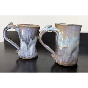 Studio Pottery Mugs Medium Set of Two Purples and Blues Drip Glaze Large Handles